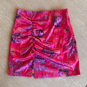 Free People Pink Floral Ruched Satin Mini Skirt